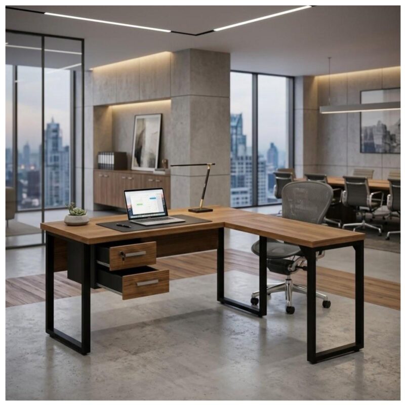 Móveis para Escritório Mesa em L com PÉ QUADRO (Mesa 1,50m + Mesa Auxiliar) - C/ Gavetas - WORKSTART - NOGAL SEVILHA/PRETO - 24477