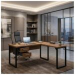 Móveis para Escritório Mesa em L com PÉ QUADRO (Mesa 1,50m + Mesa Auxiliar) - C/ Gavetas - WORKSTART - NOGAL SEVILHA/PRETO - 24477