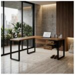 Móveis para Escritório Mesa em L com PÉ QUADRO (Mesa 1,50m + Mesa Auxiliar) - C/ Gavetas - WORKSTART - NOGAL SEVILHA/PRETO - 24477
