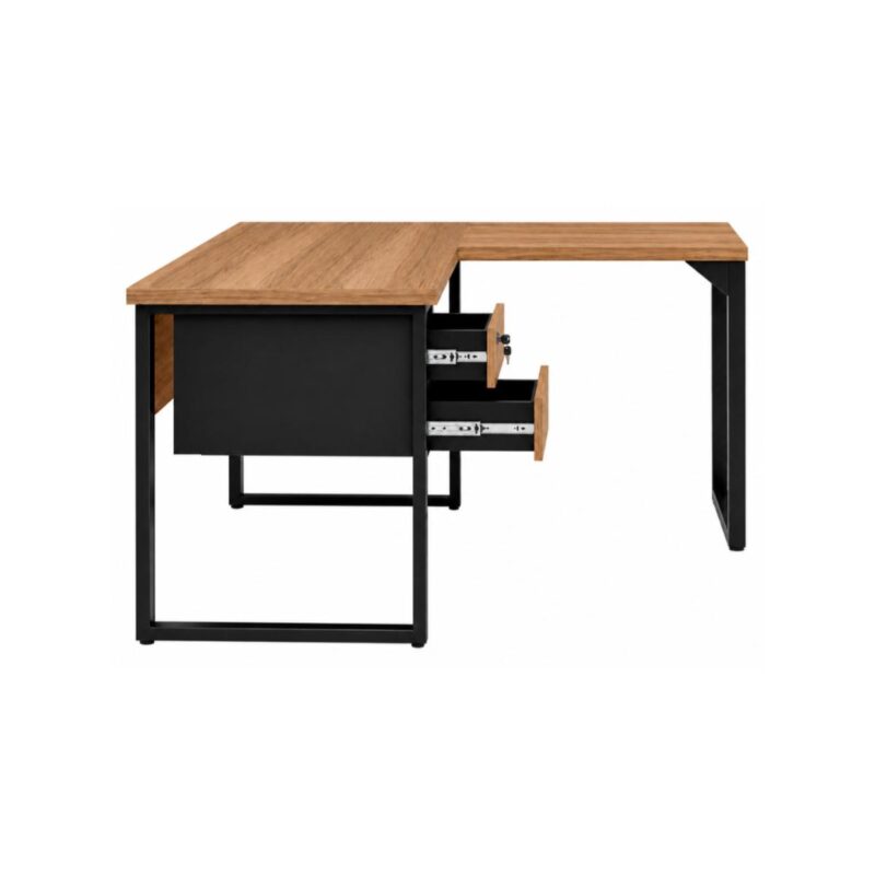 Móveis para Escritório Mesa em L com PÉ QUADRO (Mesa 1,70m + Mesa Auxiliar) - C/ Gavetas - WORKSTART - NOGAL SEVILHA/PRETO - 24479