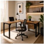 Móveis para Escritório Mesa em L com PÉ QUADRO (Mesa 1,70m + Mesa Auxiliar) - C/ Gavetas - WORKSTART - NOGAL SEVILHA/PRETO - 24479