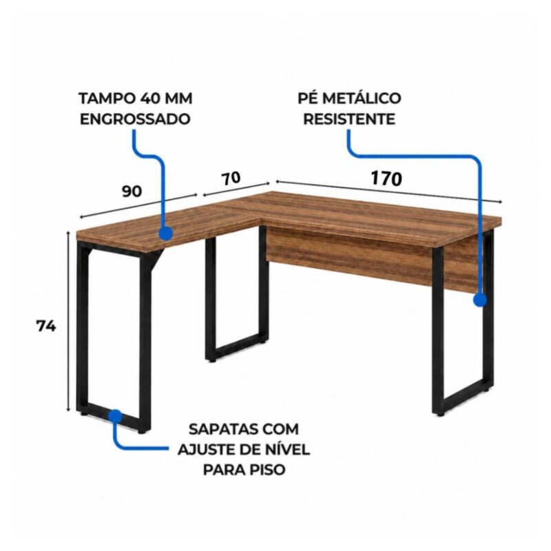 Móveis para Escritório Mesa em L com PÉ QUADRO (Mesa 1,70m + Mesa Auxiliar) - C/ Gavetas - WORKSTART - NOGAL SEVILHA/PRETO - 24479