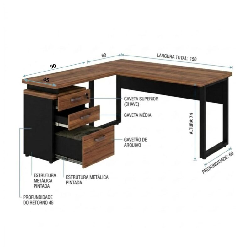 Móveis para Escritório Mesa de Escritório em L Diretor com Gaveteiro Tampo 40mm 150x150cm