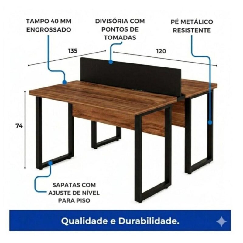 Móveis para Escritório Mesa de Escritório Dupla Industrial 1,20 x 1,35m Tampo 40mm - Sevilha / Preto