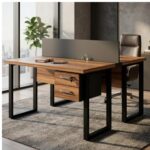 Móveis para Escritório Estação de Trabalho Dupla 1,20x1,35m 02 Lugares c/ Gavetas c/ ponto de tomada PÉ QUADRO - Cor Nogal Sevilha - 63097