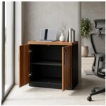 Móveis para Escritório Armário Escritório Baixo 2 Portas com Chave 0,80 x 0,74 x 0,45cm - Nogal Sevilha / Preto - 21411