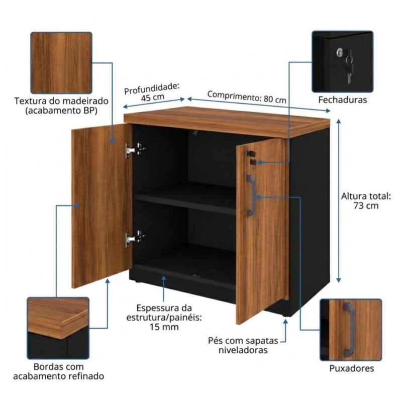 Móveis para Escritório Armário Escritório Baixo 2 Portas com Chave 0,80 x 0,74 x 0,45cm - Nogal Sevilha / Preto - 21411