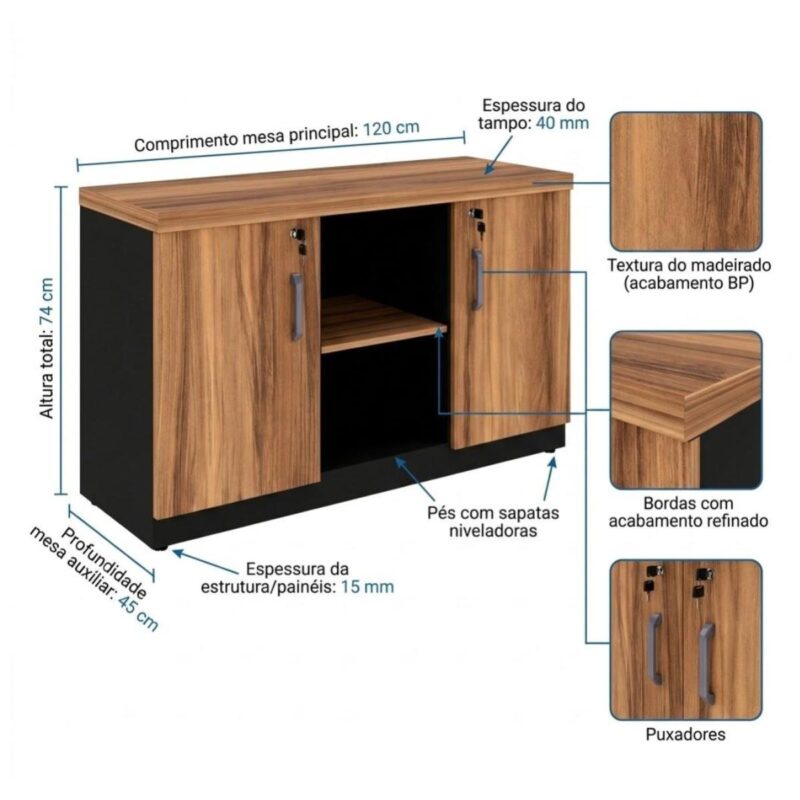 Móveis para Escritório Armário Credenza Escritório 1,20m Madeira com Nicho - Sevilha / Preto - 21412