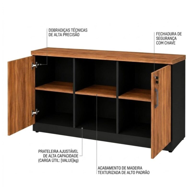 Móveis para Escritório Armário Credenza Escritório 1,20m Madeira com Nicho - Sevilha / Preto - 21412