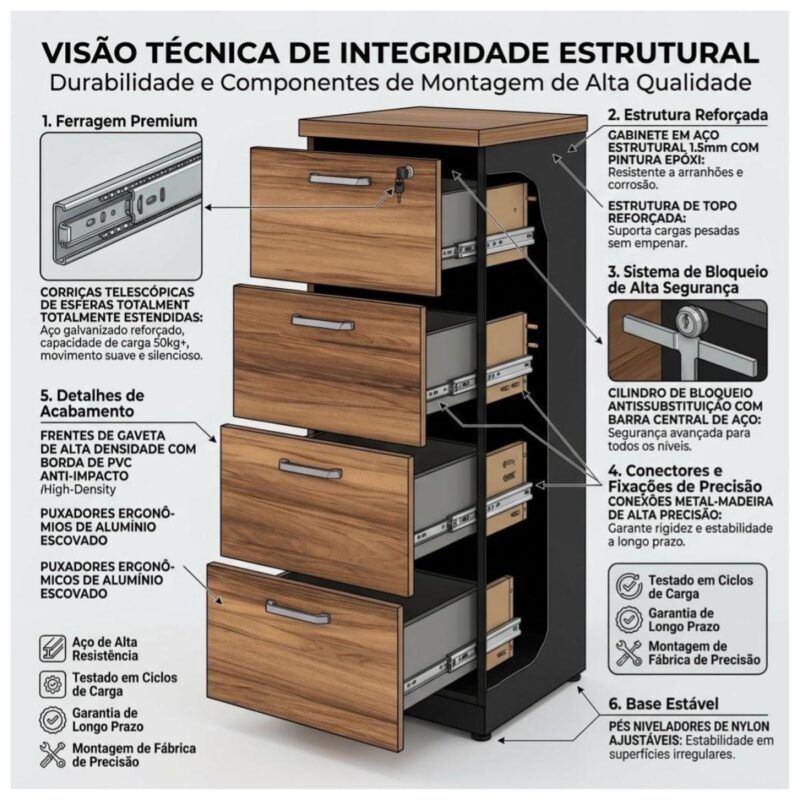 Móveis para Escritório Gaveteiro Arquivo Escritório 4 Gavetas Tampo 40mm - 1,28 x 0,46 x 0,45m Madeira Nogal Sevilha - 21410