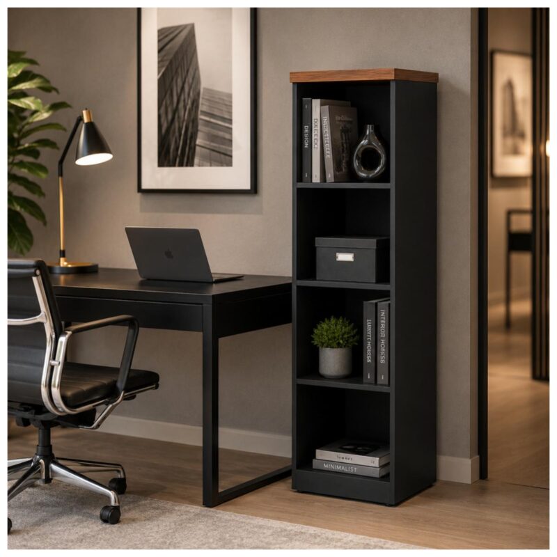 Móveis para Escritório Armário Multiuso com Prateleiras - Preto e Amadeirado - 161x40x45cm Nogal Sevilha / Preto 21432
