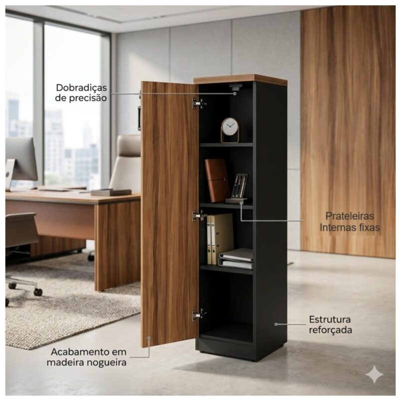 Móveis para Escritório Armário Torre de Escritório com Chave e Tampo 40mm Organização Home Office Nogal Sevilha 21434