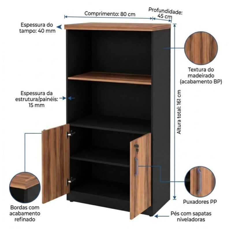 Móveis para Escritório Armário Escritório Com Chave e Nichos Tampo 40mm - 1,61x0,80x0,45m Madeira Nogal Sevilha / Preto 21413