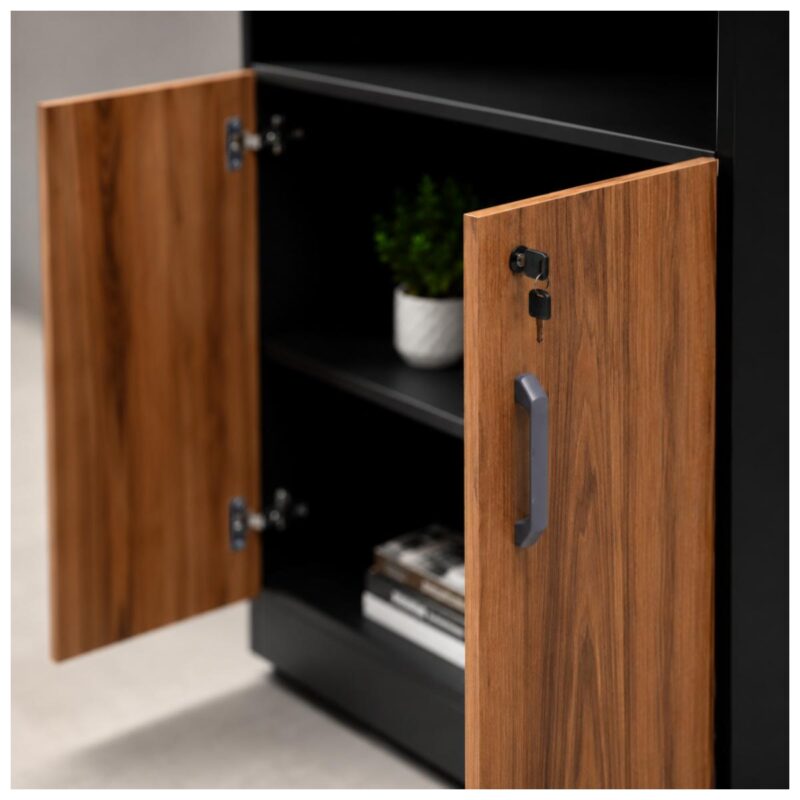 Móveis para Escritório Armário Escritório Com Chave e Nichos Tampo 40mm - 1,61x0,80x0,45m Madeira Nogal Sevilha / Preto 21413
