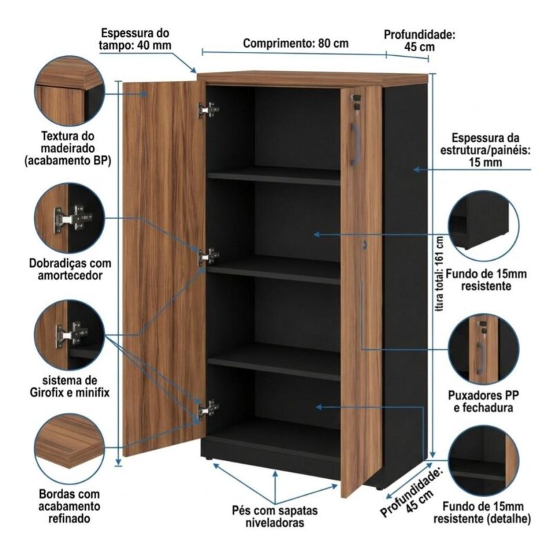 Móveis para Escritório Armário Alto Fechado com 02 Portas - 1,61x0,80x0,45m - WORK START - NOGAL SEVILHA/PRETO - 21414