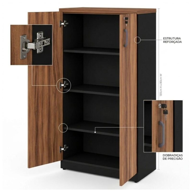 Móveis para Escritório Armário Alto Fechado com 02 Portas - 1,61x0,80x0,45m - WORK START - NOGAL SEVILHA/PRETO - 21414