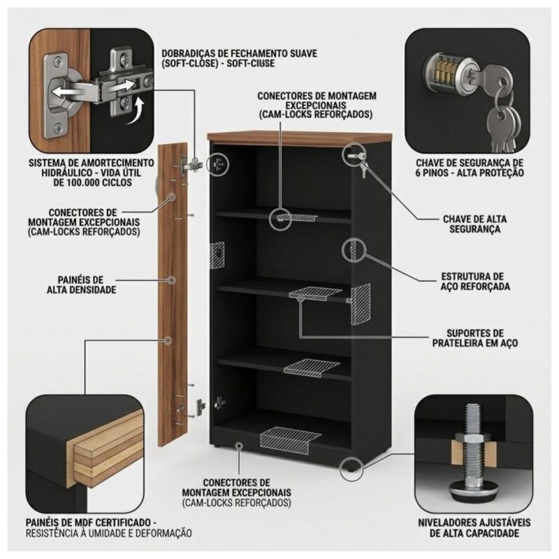Móveis para Escritório Armário Alto Fechado com 02 Portas - 1,61x0,80x0,45m - WORK START - NOGAL SEVILHA/PRETO - 21414
