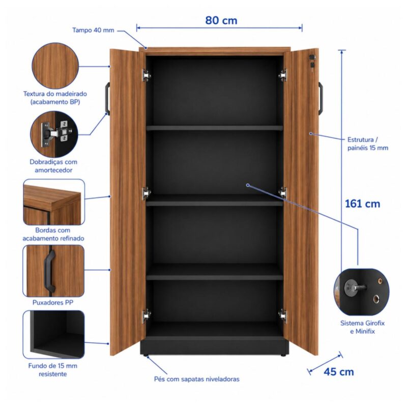 Móveis para Escritório Armário Alto Fechado com 02 Portas - 1,61x0,80x0,45m - WORK START - NOGAL SEVILHA/PRETO - 21414