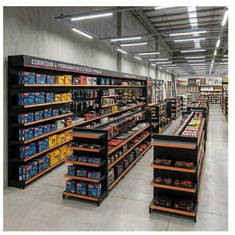 Gôndola Centro Preta Continuação 1,70m com 10 Bandeja Etiqueta Laranja - 39309