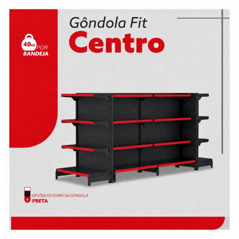 Gôndola Centro Preta Inicial 137 com 8 Bandeja Etiqueta Vermelha - 39403
