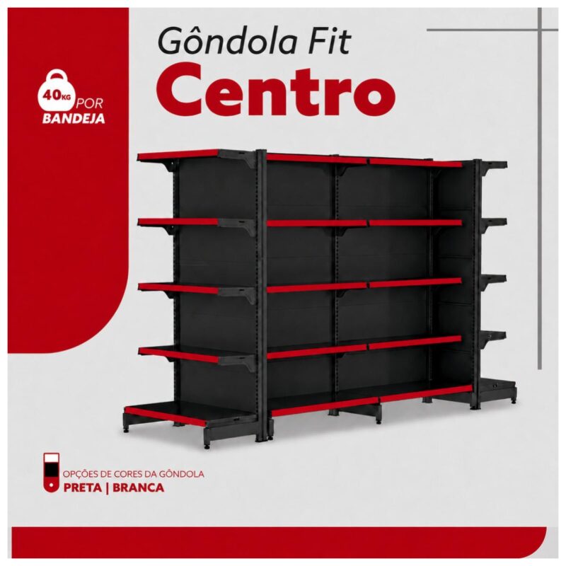 Gôndola Centro Preta Inicial 2,02m com 12 Bandeja Etiqueta Vermelha - 39411