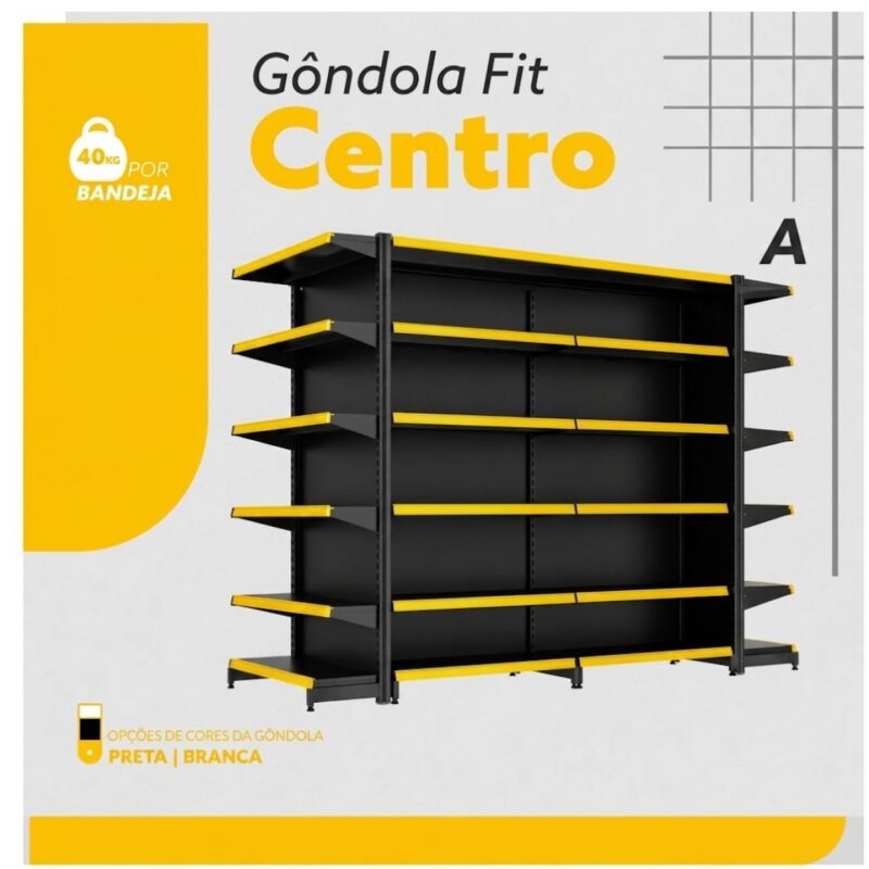 Gôndola Centro Preta Inicial 2,02m com 12 Bandeja Etiqueta Amarela - 39412