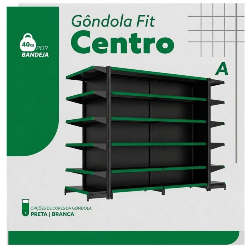 Gôndola Centro Preta Inicial 2,02m com 12 Bandeja Etiqueta Verde - 39413