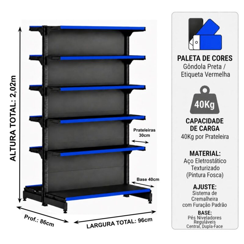 Gôndola Centro Preta Inicial 2,02m com 12 Bandeja Etiqueta Azul - 39414