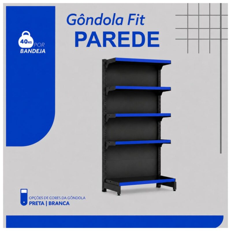 Gôndola Parede Preta Inicial 1,70m com 5 Bandejas Etiqueta Azul - 39503