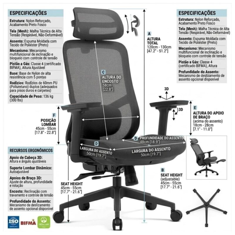 Cadeira Escritório Cadeira Presidente Ergonômica Premium com Ajuste 3D e Tela Mesh Preta TOKYO - 32887