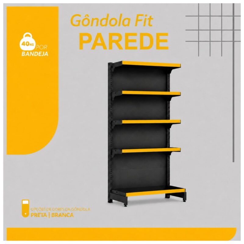 Gôndola Parede Preta Inicial 1,70m com 5 Bandejas Etiqueta Amarela - 39505