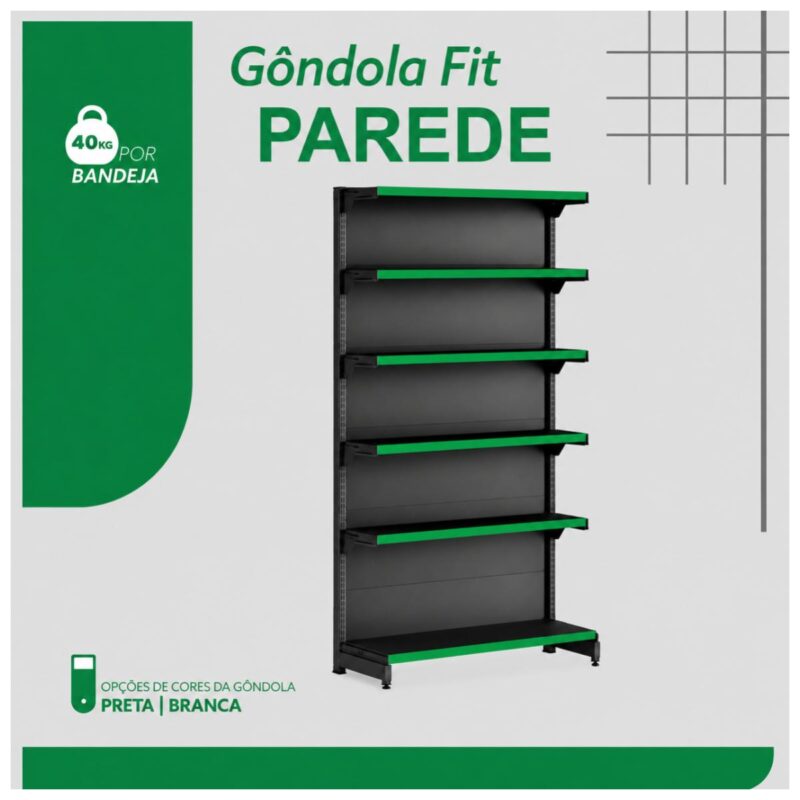Gôndola Parede Preta Inicial 2,02m com 6 Bandeja Etiqueta Verde - 39602