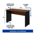 Mesa louro e preto com medidas de 120 × 60 × 74 cm e indicações de tampo de 40 mm, pés de 25 mm e sapatas ajustáveis.