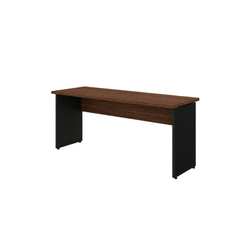 Vista ampla da mesa louro e preto sem gavetas, mostrando o tampo retangular, o painel frontal e os pés laterais.