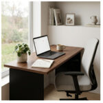 Mesa louro e preto com notebook, caderno, caneca e planta, em home office junto à janela com cadeira clara.