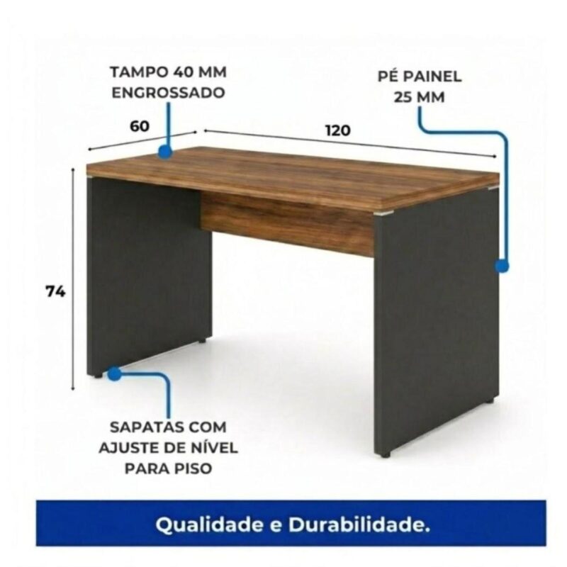 Móveis para Escritório Mesa para Computador 120cm Robusta Tampo 40mm - Escrivaninha de Trabalho e Estudo - Cor Sevilha e Preto - 21469