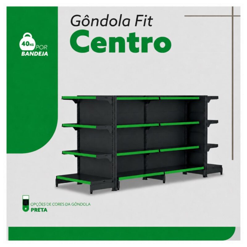 Gôndola Centro Preta Continuação 137 com 8 Bandeja Etiqueta Verde - 39301