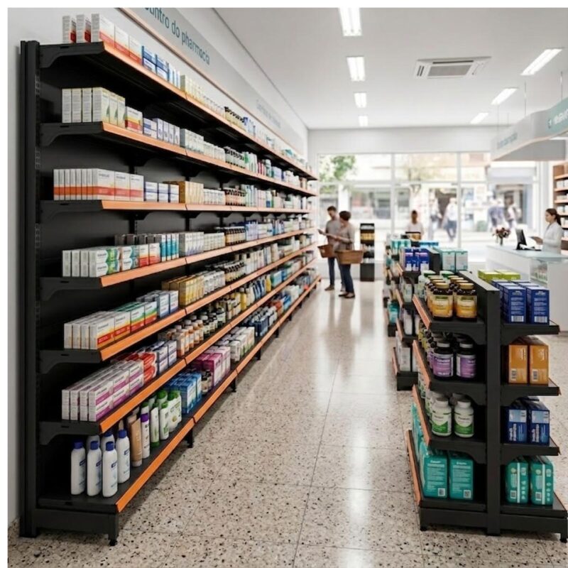Gôndola Parede Preta Continuação 1,70m com 5 Bandejas Etiqueta Laranja - 39514