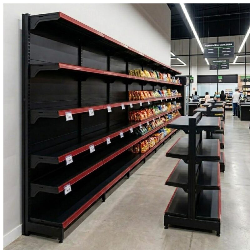 Gôndola Parede Preta Continuação 1,70m com 5 Bandejas Etiqueta Vermelho - 39515