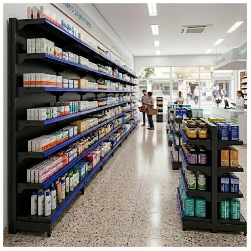 Gôndola Parede Preta Continuação 1,70m com 5 Bandejas Etiqueta Azul - 39513