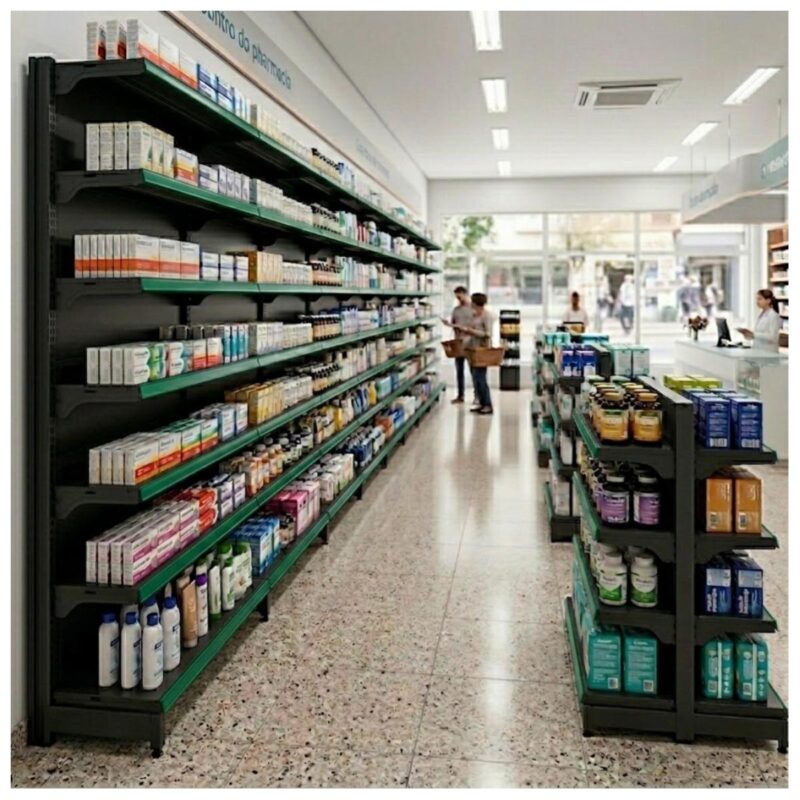 Gôndola Parede Preta Continuação 2,02m com 6 Bandeja Etiqueta Verde - 39507