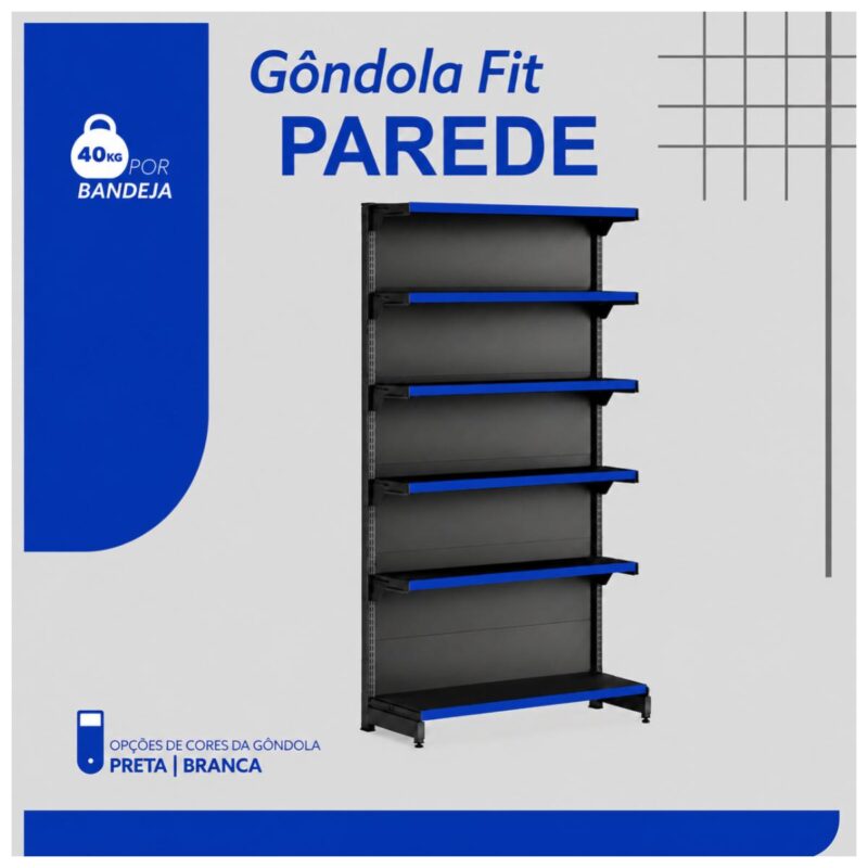 Gôndola Parede Preta Continuação 2,02m com 6 Bandeja Etiqueta Azul - 39508