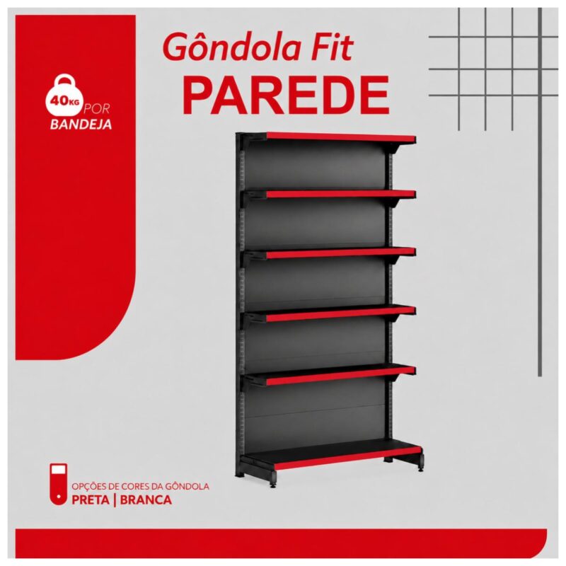 Gôndola Parede Preta Continuação 2,02m com 6 Bandeja Etiqueta Vermelha - 39509