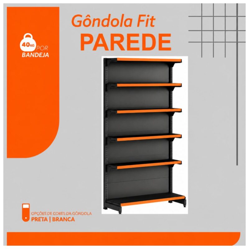 Gôndola Parede Preta Inicial 2,02m com 6 Bandeja Etiqueta Laranjada - 39510