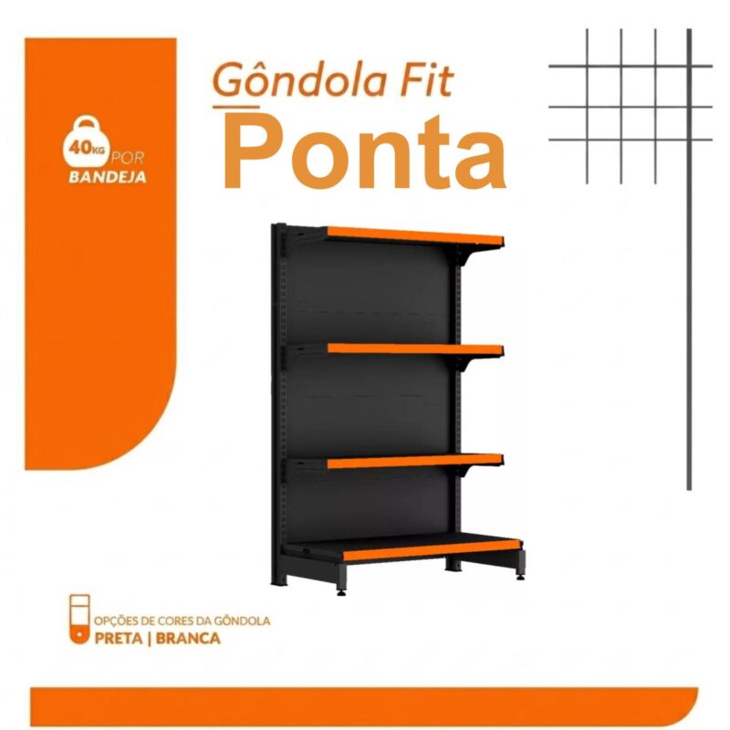 PONTA de Gôndola Preta 1,37m com 4 Bandejas Etiqueta Laranja - 39417