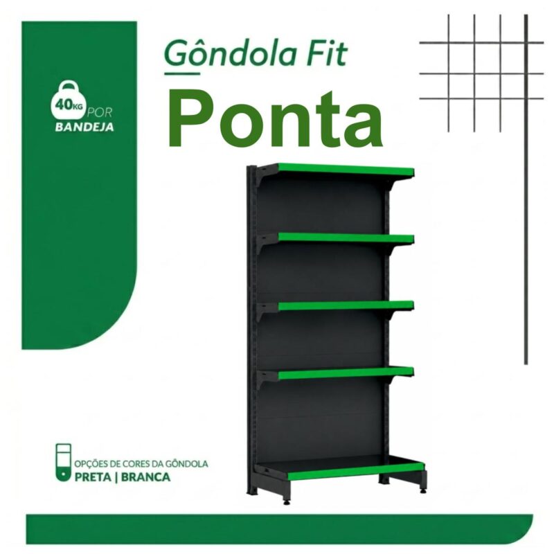 PONTA de Gôndola Preta 1,70m com 5 Bandejas Etiqueta Verde - 39423