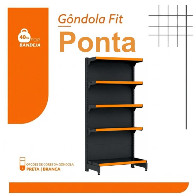 PONTA de Gôndola Preta 1,70m com 5 Bandejas Etiqueta Laranja - 39425