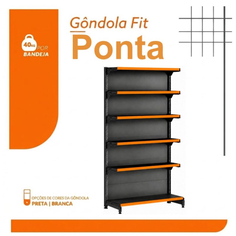 PONTA de Gondola Preta 2,02m com 6 Bandejas Etiqueta Laranja - 39430