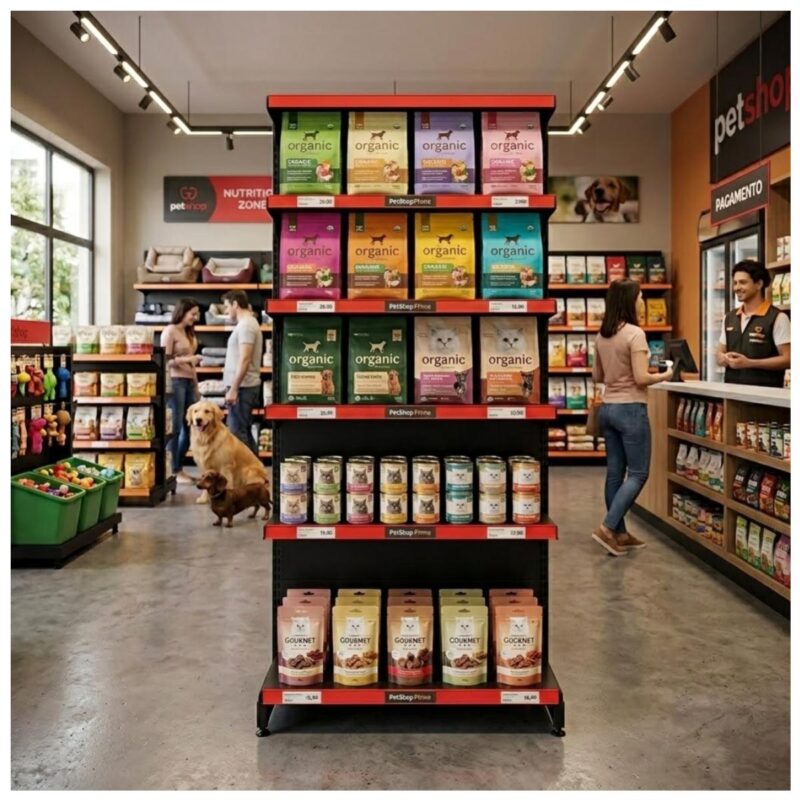 PONTA de Gôndola Preta 2,02m com 6 Bandejas Etiqueta Vermelho - 39429