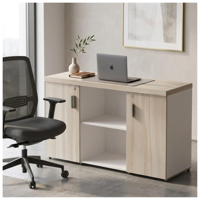 Móveis para Escritório Armário Baixo Credenza com Nicho - 1,31x0,75X0,46m - Fresno / Branco - 71022